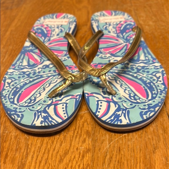 Lilly Pulitzer Gold and Blue Sandals with Metallic Straps - Picture 1 of 5